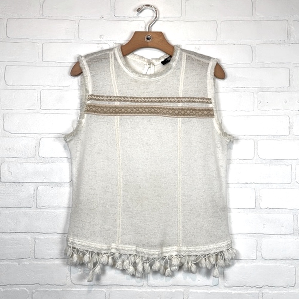 Fair Child Boho Ivory Knit Fringe Hem Embroidered Sleeveless Tank Top L